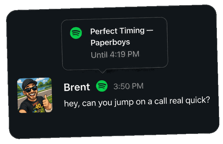A Slack message where the sender's status shows the song they're playing